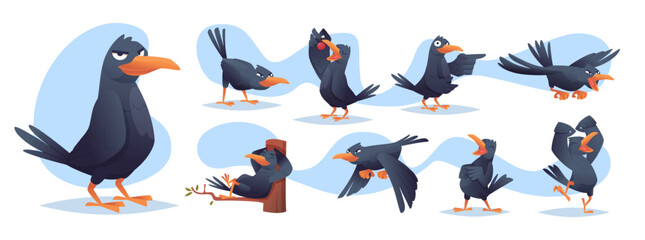 Wall Mural - Black crows. Funny cartoon birds in different poses flying and standing exact vector crows