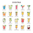 Colorful cocktail icon set. 20 different types of cocktails: caipirinha, cosmopolitan, mojito... Perfect for drink menu designs. Hand-drawn colorful vector icons. Set 2 of 2.