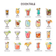 Colorful cocktail icon set. 20 different types of cocktails: margarita, manhattan, daiquiri... Perfect for drink menu designs. Hand-drawn colorful vector icons. Set 1 of 2.