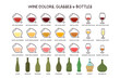 Wine icon set. Categories of wine colors, types of glasses and bottles. Perfect for designing illustrative content about wine. Hand drawn vector icons.