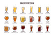 Beer icon set. 18 different types of lager beers, served in different types of beer glasses. Perfect for drink menu designs. Hand-drawn colorful vector icons. 