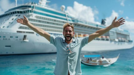 Wall Mural - Man with arms outstretched in front of cruise ship by the water