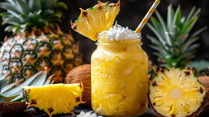 Canvas Print -   Surround a mason jar filled with a pineapple smoothie with sliced pineapples A whole pineapple sits beside it