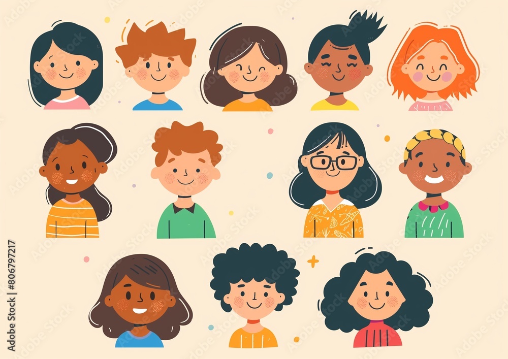 Diverse Group of Cartoon Kids Faces, Happy Children Portraits Collection