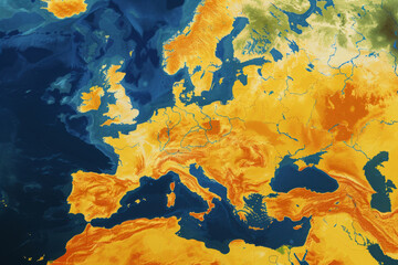 Wall Mural - satellite map illustrates the summer heat on the european continent world map with weather forecast 