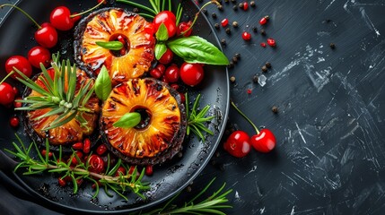 Wall Mural -   A black plate displays a arrangement of tomatoes, pineapples, and cherries as toppings Rosemary sprigs accentuate the presentation