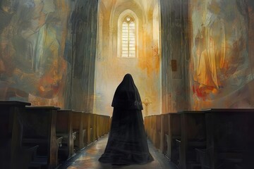 serene back view of nun in church spiritual contemplation digital painting