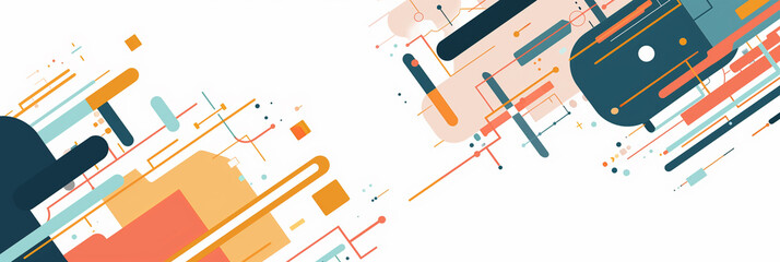 Wall Mural - minimalist line art with isometric blocks and black and orange dots on a white background