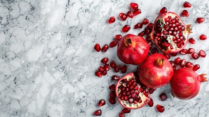   A collection of pomegranates arranged on a pristine white marble countertop