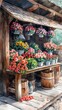 Rustic watercolor artwork of a vintage market stall overflowing with fresh fruits and vegetables