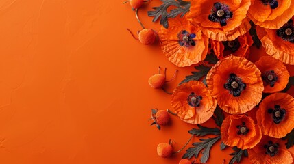 Wall Mural -   An orange background with a cluster of orange flowers and berries at its bottom, and ornamenting the top of those flowers