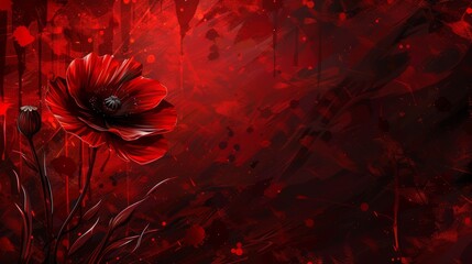 Poster -   A red flower painted against a dark red backdrop, with red and black splatters