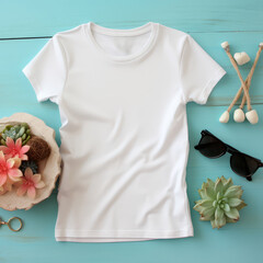 Wall Mural - Blank t-shirt mockup for summer fashion, styled with chic accessories and a soft, pastel backdrop for a trendy look.