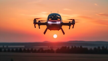 Electric taxi drone flying over rural area at sunset future transportation innovation. Concept Future Transportation, Electric Taxi Drone, Rural Area, Sunset, Innovation,