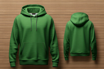 Wall Mural - Dual view of a casual green hoodie mockup, front and back, positioned in a cozy, home-style setting to attract a comfortable demographic,
