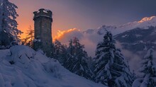 Sunrise On Ancient Torre Del Belvedere Tower And Snowy Woods In Maloja, Bregaglia, Engadine, Graubunden Canton, Europe
