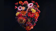 anatomic heart made of flowers, colorful, vibrant, black background, realistic, 3d render