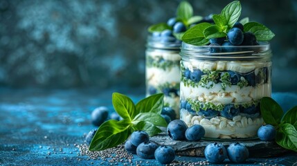 Wall Mural -   Ajar of food, filled with blueberries, sits prominently on a blue tablecloth Mints scattered nearby, their leaves contrasting with the table's texture and blue