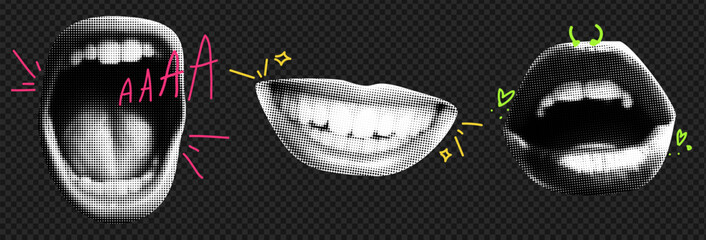 Wall Mural - collage element with mouth with tongue and doodle element. vintage vector set on trasparent backgrou