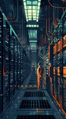 A lone technician dwarfed by towering server racks in a vast data center, bathed in cool blue light