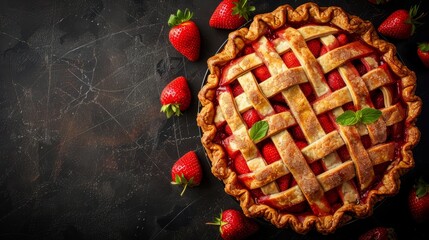 Wall Mural -   A tight shot of a pie filled with strawberries against a black backdrop, surrounded by a few additional strawberries