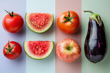 Four Different Images Showing Fruits And Vegetables On Different Colors Background