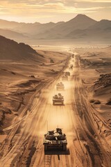 Wall Mural - An Military tank M1 Abrams leading a convoy of military vehicles through a desolate desert canyon