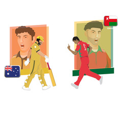 Sticker - Cricket Match Between Australia VS Oman Player Team Character Illustration, Advertising Poster Design.