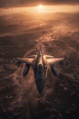 Wall Mural - Lone F-16 flying through a desolate, post-apocalyptic landscape