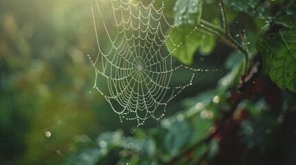 Spiderweb texture, delicate silk threads, shimmering with dew