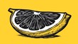   A lemon against a yellow backdrop, overlaid with a monochrome sketch of a sliced lemon