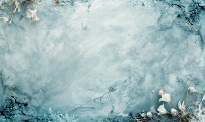 Frosted icy blue texture with delicate white flowers. Design for wallpaper, greeting card. Background, backdrop.