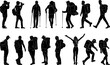 silhouette travelers, people with backpack set on white background vector