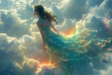 Wall Mural - a happy teen girl stands beneath a celestial canopy of swirling colors in the enchanting realm of the rainbow Milky Way sky.