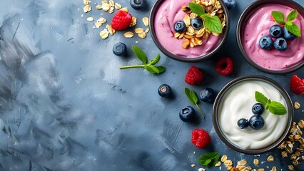 Wall Mural - Long banner promoting healthy breakfast options with yogurt blueberries and vegan choices. Concept Healthy Breakfast Options, Yogurt Blueberries, Vegan Choices, Nutritious Start