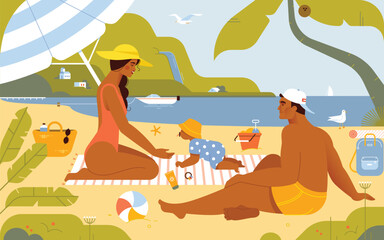 young family with newborn baby resting on the tropical beach with beautiful sea view. flat vector il