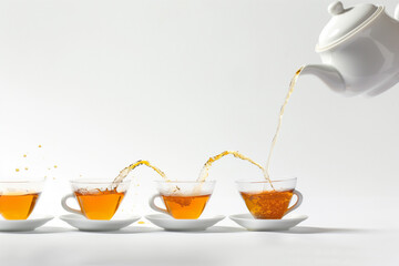 Teapot pours tea into cups on a white background