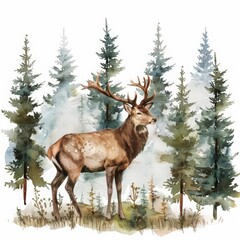 Naklejka na meble A beautiful watercolor of a wild deer in the forest, isolated minimal with white background