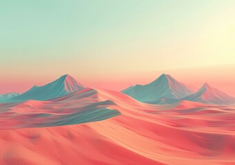 Sticker - Pink desert landscape with blue sky and mountains in the distance