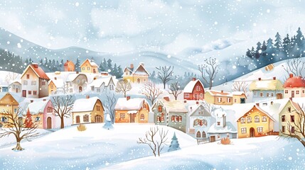 Wall Mural - watercolor cartoon of small town with snow falling in winter season