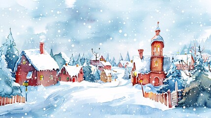 Wall Mural - watercolor cartoon of small town with snow falling in winter season