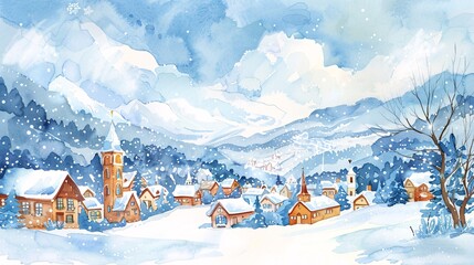 Wall Mural - watercolor cartoon of small town with snow falling in winter season