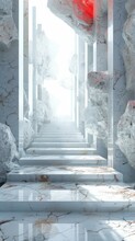 Mystical Surreal Marble Temple With Glowing Red Rocks And Stairs Leading To The Light