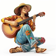 joyful woman in colorful attire playing acoustic guitar sitting against a white background.