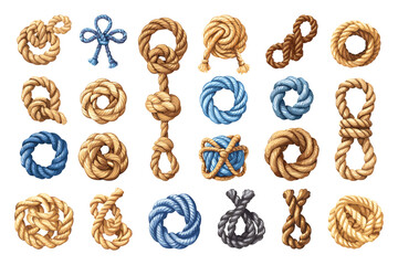 Wall Mural - cartoon rope knot varieties. isolated vector set of cartoon nautical knots in simple flat style for 