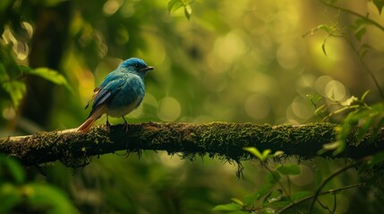 Wall Mural -   A small, blue bird sits on a moss-covered branch, surrounded by a dense forest with abundant green foliage
