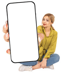 Mobile application advertisement,  full body length caucasian young 20s blonde woman sit floor show empty blank white screen mobile phone mock up close up to camera. Transparent png background.