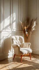 Sticker - Elegant room interior with a beige armchair and a vase of flowers