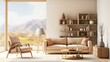 A stylish living room with a large window and a beautiful view of the mountains