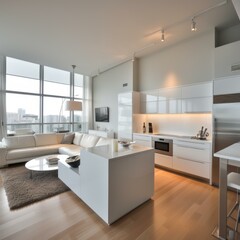 Canvas Print - An ultra-modern kitchen with a large island and a view of the city